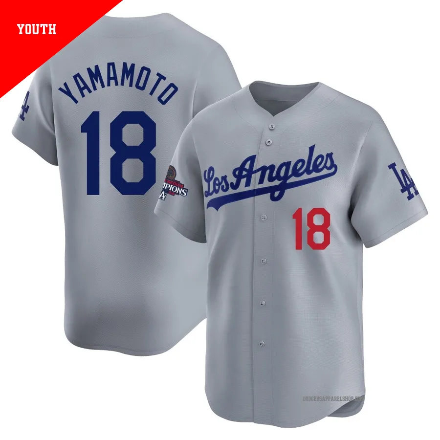 Youth Los Angeles Dodgers ＃18 Yoshinobu Yamamoto Gray Limited Away World Series Champions Jersey