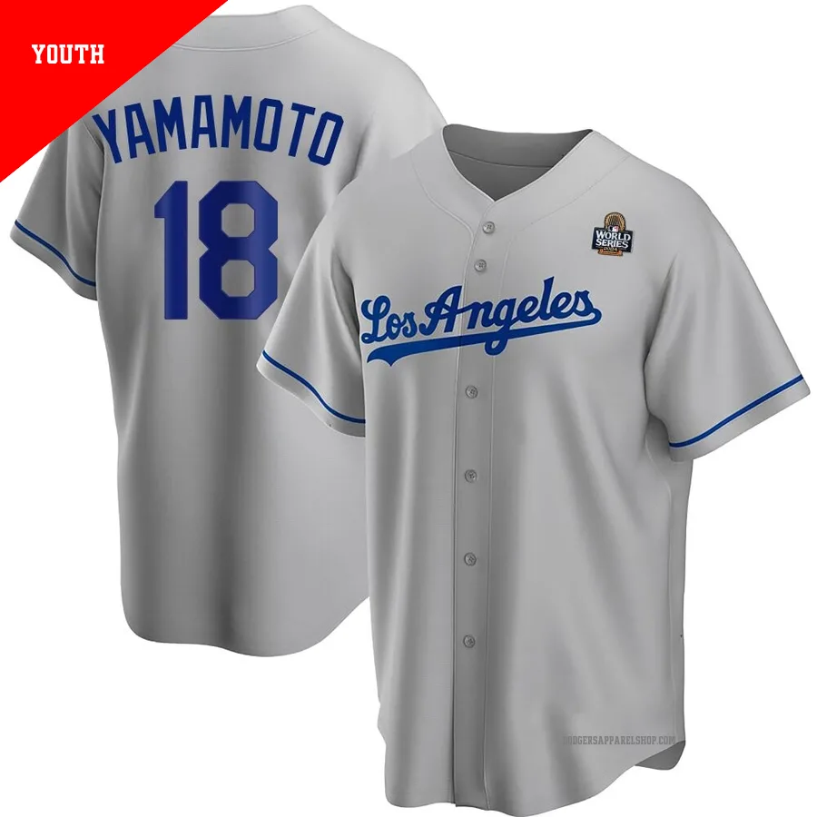Youth Los Angeles Dodgers ＃18 Yoshinobu Yamamoto Gray Replica Road 2024 World Series Jersey