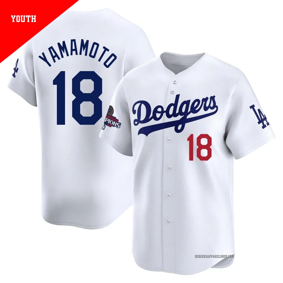 Youth Los Angeles Dodgers ＃18 Yoshinobu Yamamoto White Limited Home 2024 World Series Champions Jersey