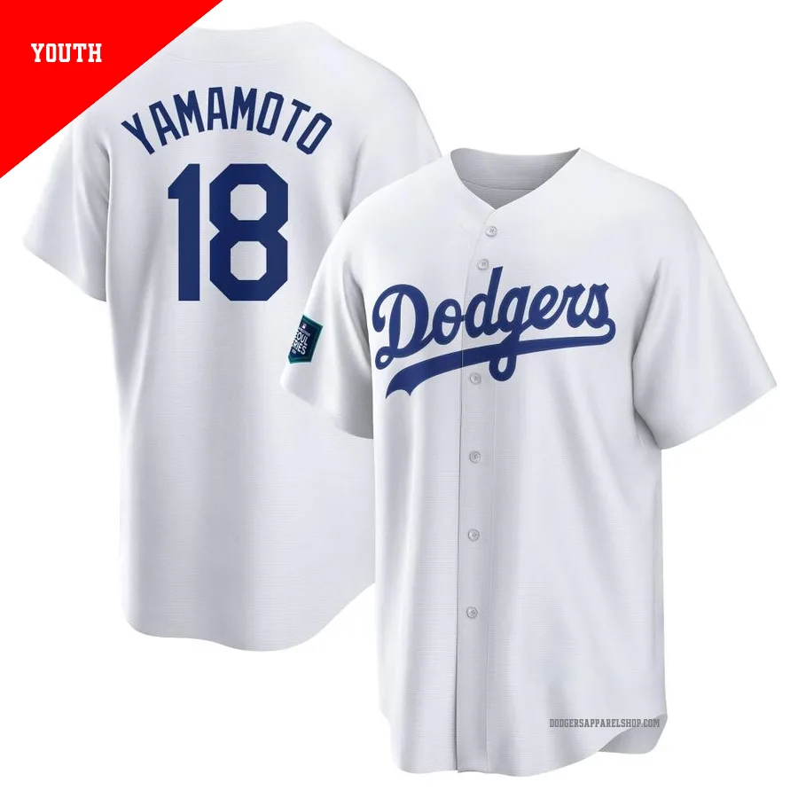 Youth Los Angeles Dodgers ＃18 Yoshinobu Yamamoto White Replica 2024 World Tour Seoul Series Home Jersey