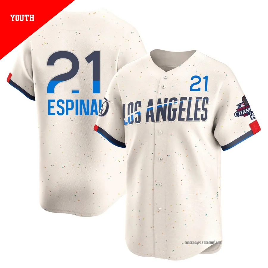 Youth Los Angeles Dodgers ＃21 Santiago Espinal Cream Limited 2024 City Connect World Series Champions Jersey