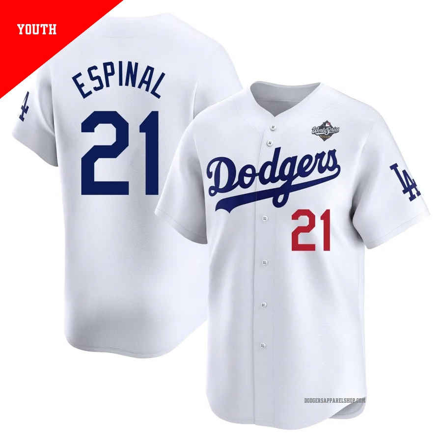 Youth Los Angeles Dodgers ＃21 Santiago Espinal White Limited Home 2025 World Series Jersey