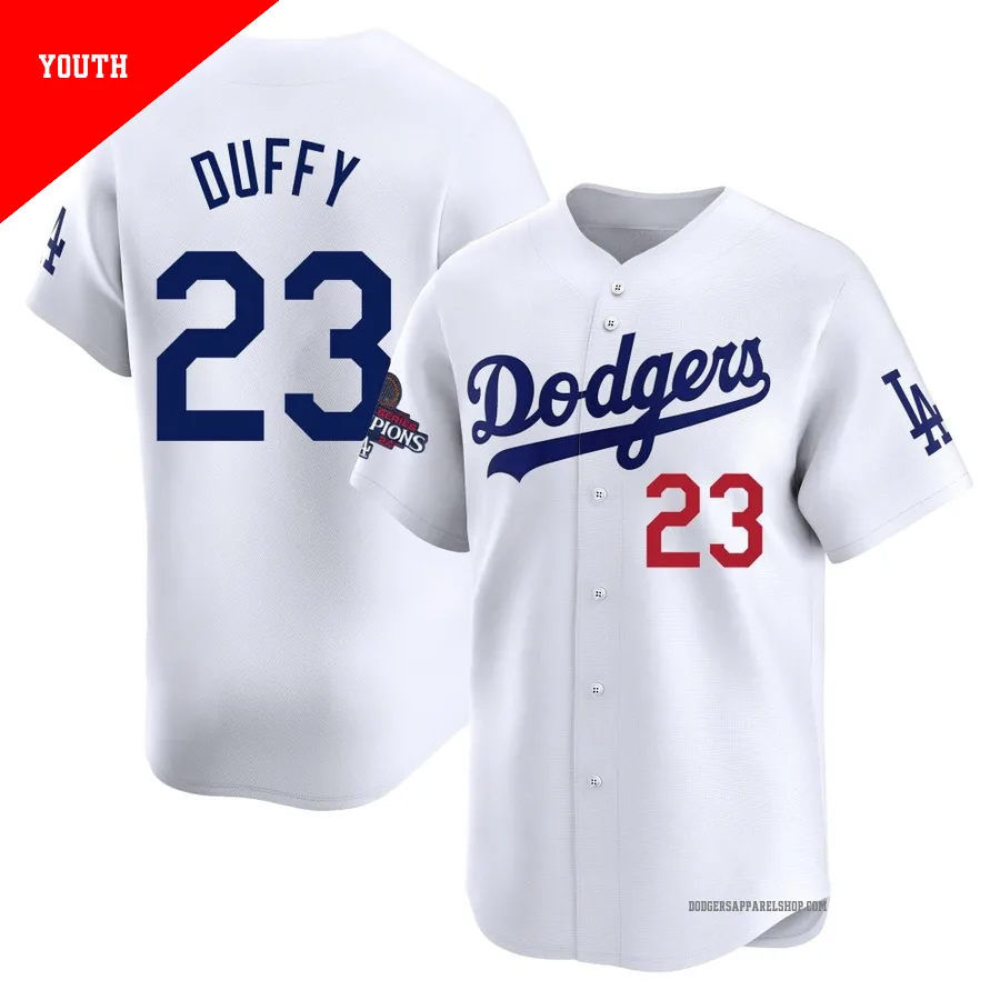 Youth Los Angeles Dodgers ＃23 Danny Duffy White Limited Home 2024 World Series Champions Jersey