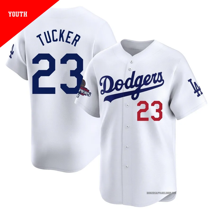 Youth Los Angeles Dodgers ＃23 Kyle Tucker White Limited Home 2024 World Series Champions Jersey