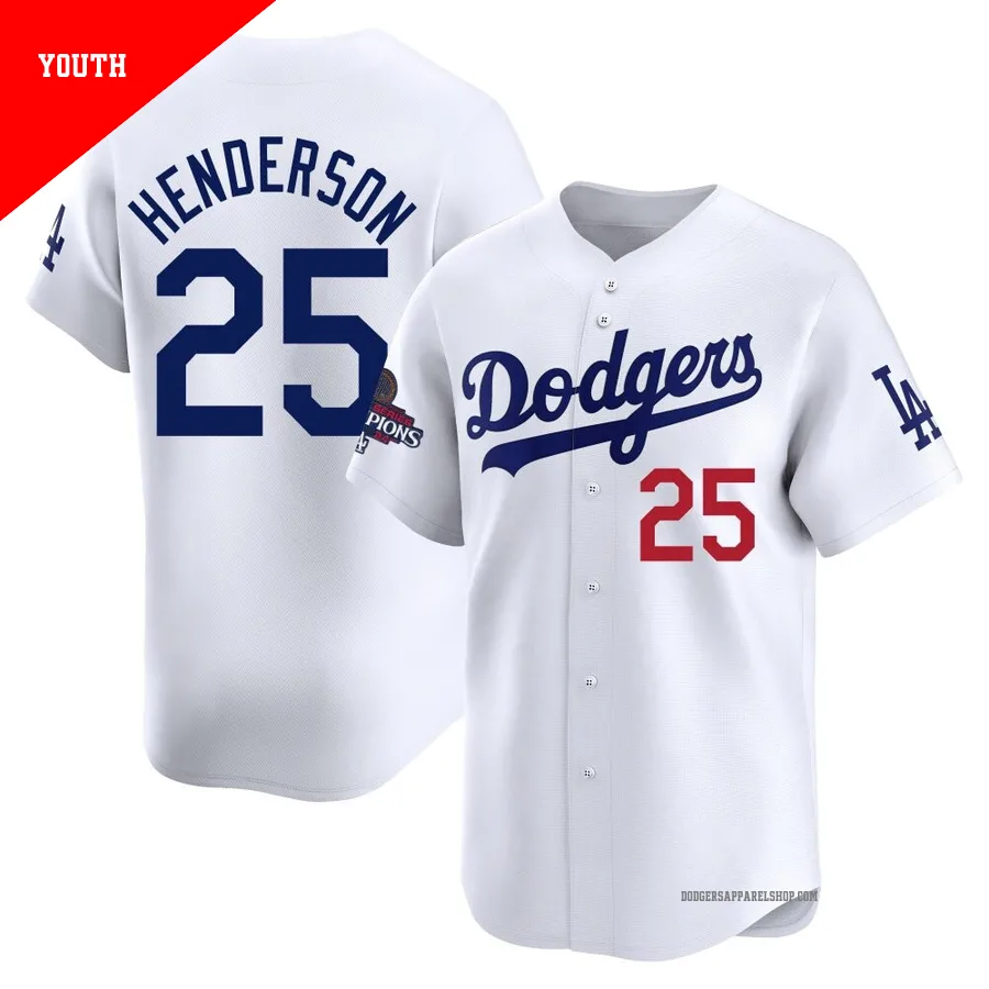 Youth Los Angeles Dodgers ＃25 Rickey Henderson White Limited Home 2024 World Series Champions Jersey