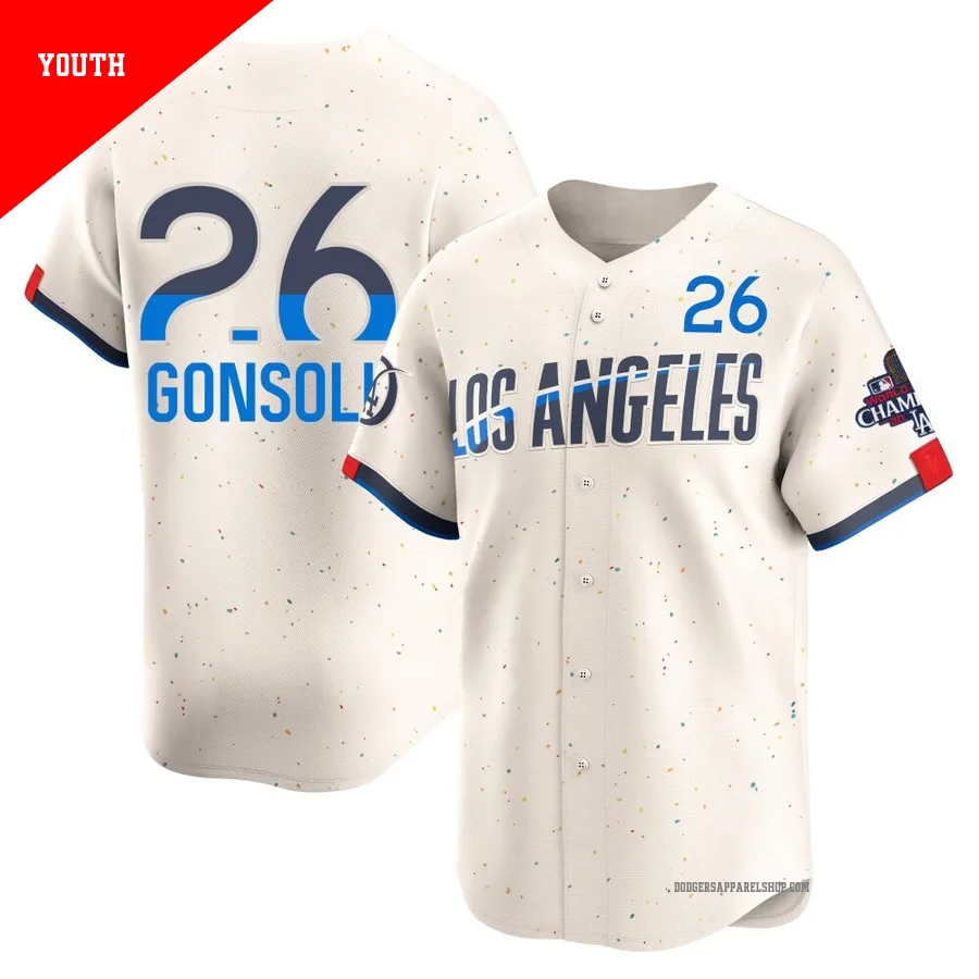 Youth Los Angeles Dodgers ＃26 Tony Gonsolin Cream Limited 2024 City Connect World Series Champions Jersey
