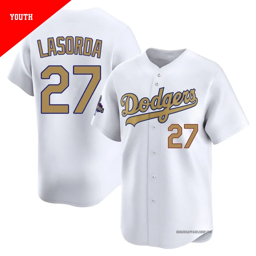 Youth Los Angeles Dodgers ＃27 Tommy Lasorda Gold Limited White 2025 Collection Jersey
