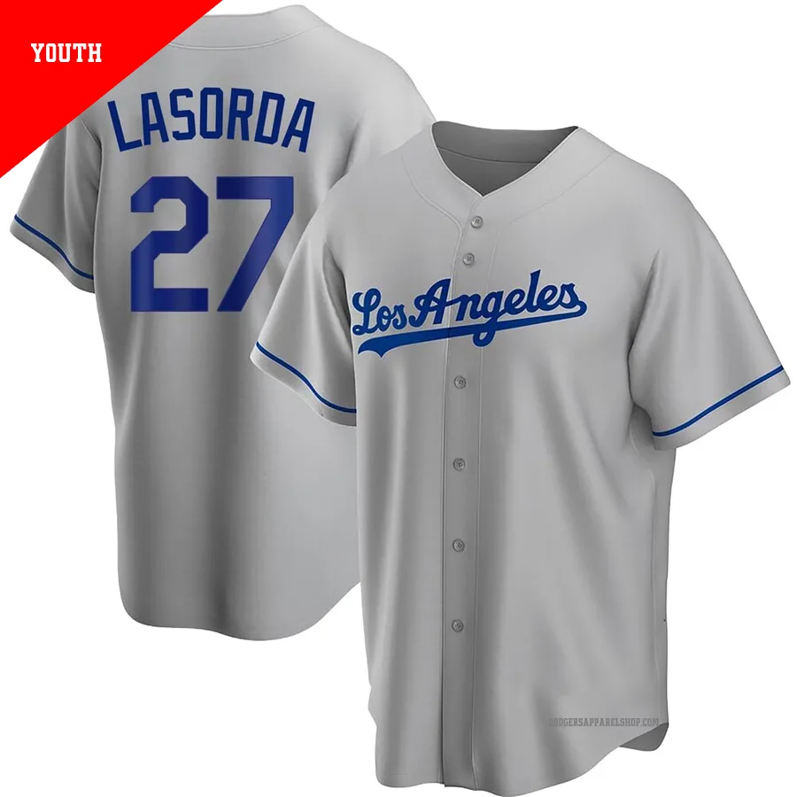Youth Los Angeles Dodgers ＃27 Tommy Lasorda Gray Replica Road Jersey