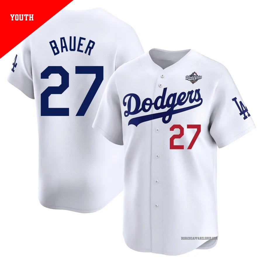 Youth Los Angeles Dodgers ＃27 Trevor Bauer White Limited Home 2025 World Series Jersey