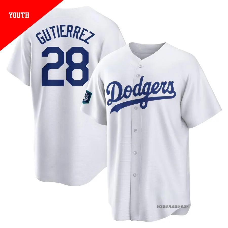 Youth Los Angeles Dodgers ＃28 Franklin Gutierrez White Replica 2024 World Tour Seoul Series Home Jersey