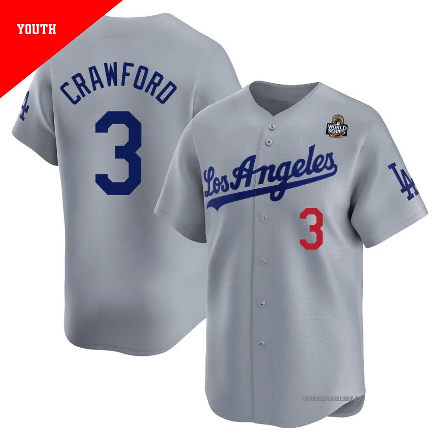 Youth Los Angeles Dodgers ＃3 Carl Crawford Gray Limited Away 2024 World Series Jersey