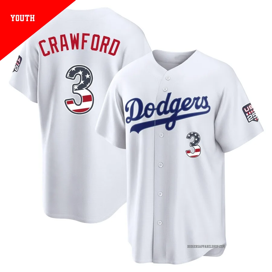 Youth Los Angeles Dodgers ＃3 Carl Crawford White Limited USA 250 Fourth Of July Home Stadium Jersey