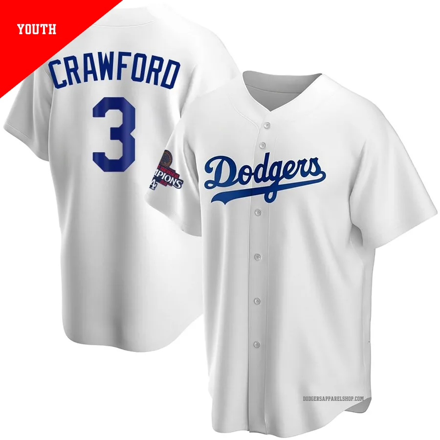 Youth Los Angeles Dodgers ＃3 Carl Crawford White Replica Home 2024 World Series Champions Jersey