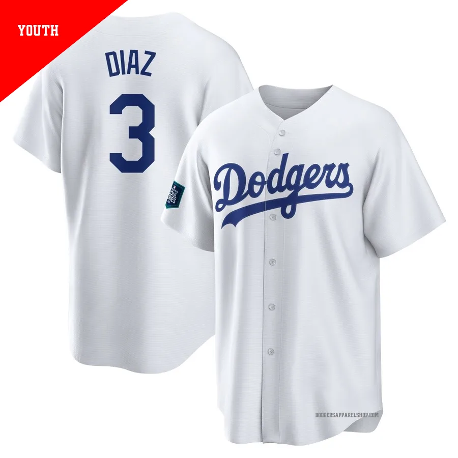 Youth Los Angeles Dodgers ＃3 Edwin Diaz White Replica 2024 World Tour Seoul Series Home Jersey