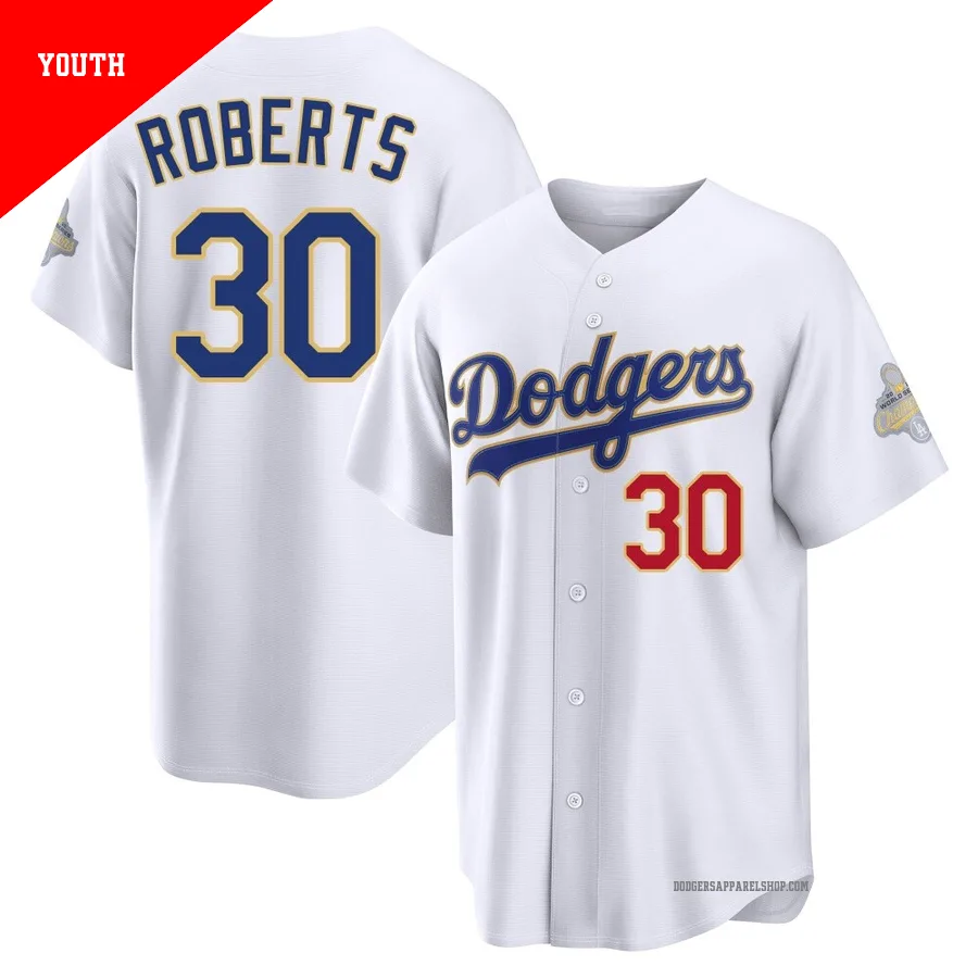 Youth Los Angeles Dodgers ＃30 Dave Roberts Gold Limited White 2026 Collection Stadium Jersey