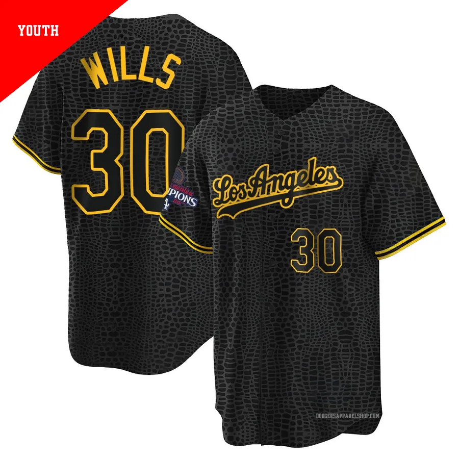Youth Los Angeles Dodgers ＃30 Maury Wills Black Replica Snake Skin City 2024 World Series Champions Jersey