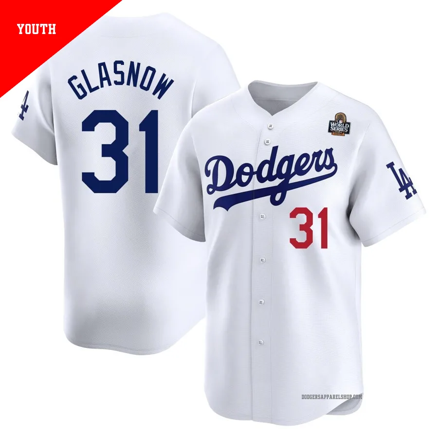 Youth Los Angeles Dodgers ＃31 Tyler Glasnow White Limited Home 2024 World Series Jersey