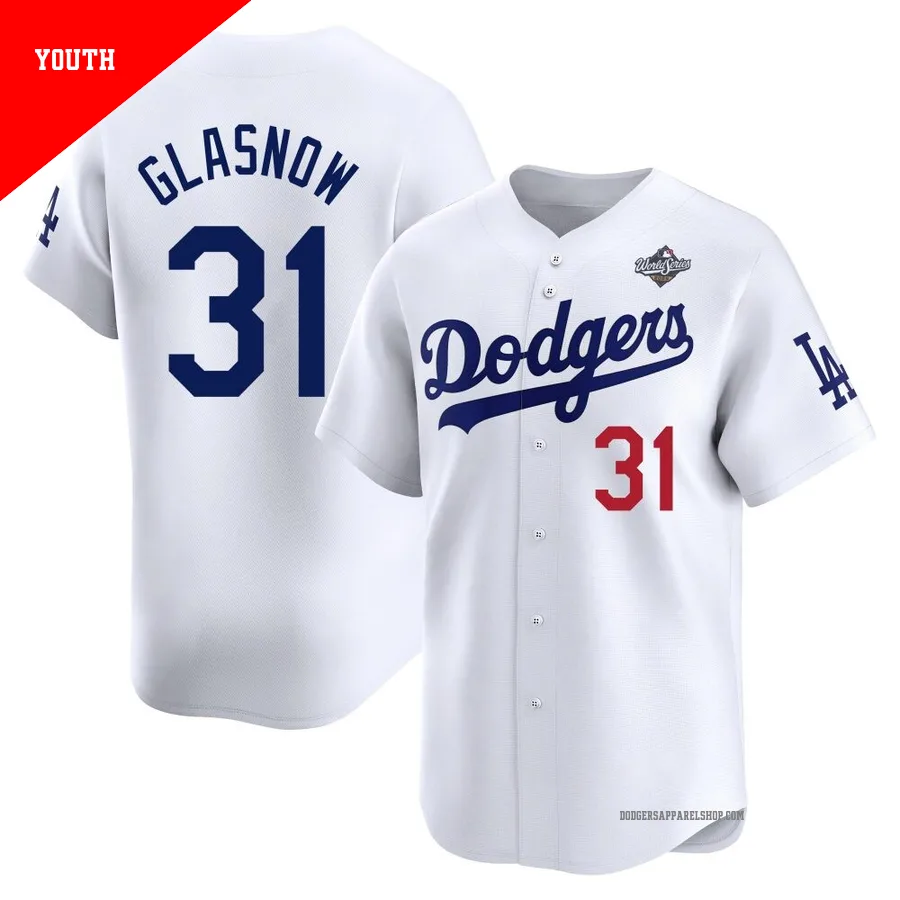 Youth Los Angeles Dodgers ＃31 Tyler Glasnow White Limited Home 2025 World Series Jersey