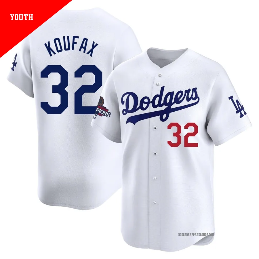 Youth Los Angeles Dodgers ＃32 Sandy Koufax White Limited Home 2024 World Series Champions Jersey