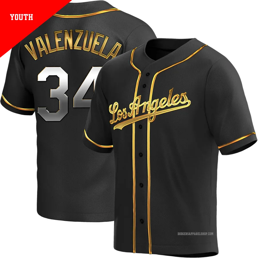 Youth Los Angeles Dodgers ＃34 Fernando Valenzuela Gold Replica Black en Alternate Jersey