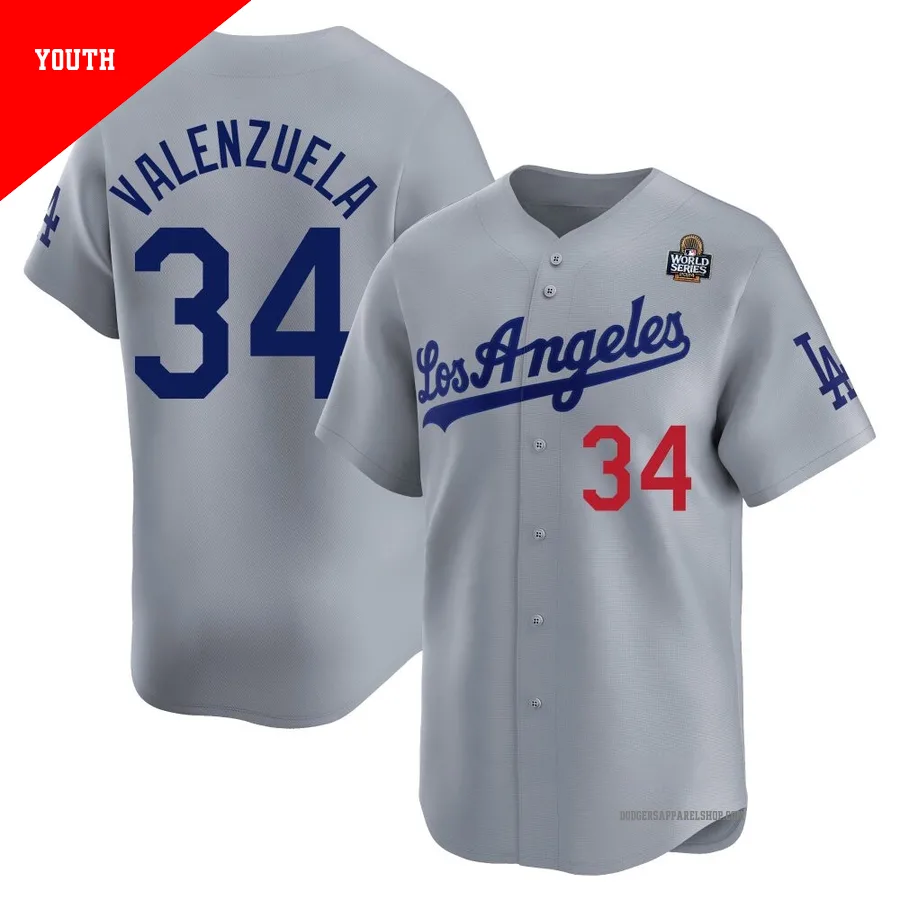 Youth Los Angeles Dodgers ＃34 Fernando Valenzuela Gray Limited Away 2024 World Series Jersey