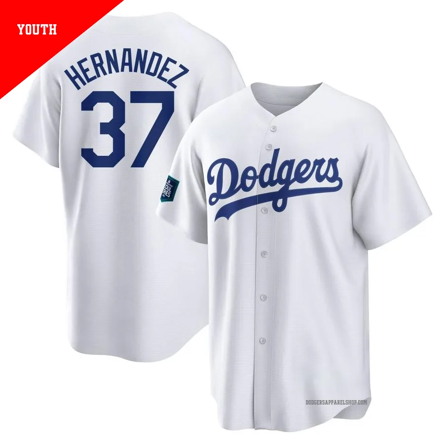 Youth Los Angeles Dodgers ＃37 Teoscar Hernandez White Replica 2024 World Tour Seoul Series Home Jersey