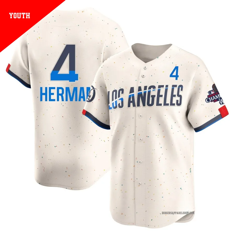 Youth Los Angeles Dodgers ＃4 Babe Herman Cream Limited 2024 City Connect World Series Champions Jersey
