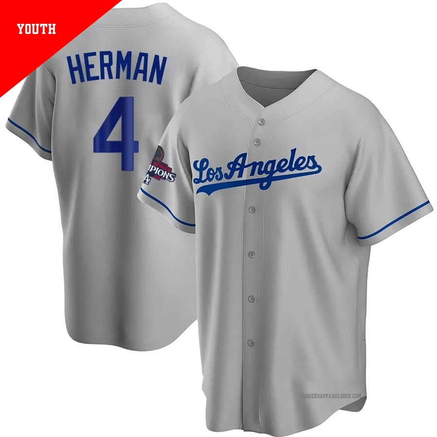 Youth Los Angeles Dodgers ＃4 Babe Herman Gray Replica Road 2024 World Series Champions Jersey