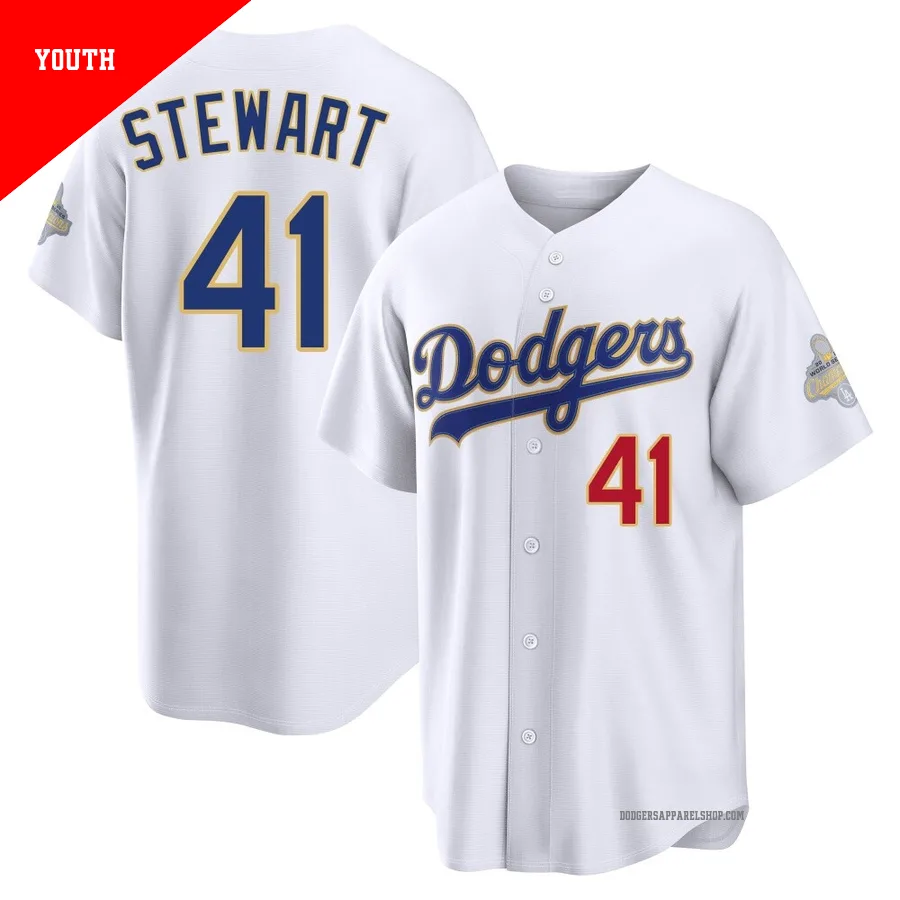 Youth Los Angeles Dodgers ＃41 Brock Stewart Gold Limited White 2026 Collection Stadium Jersey