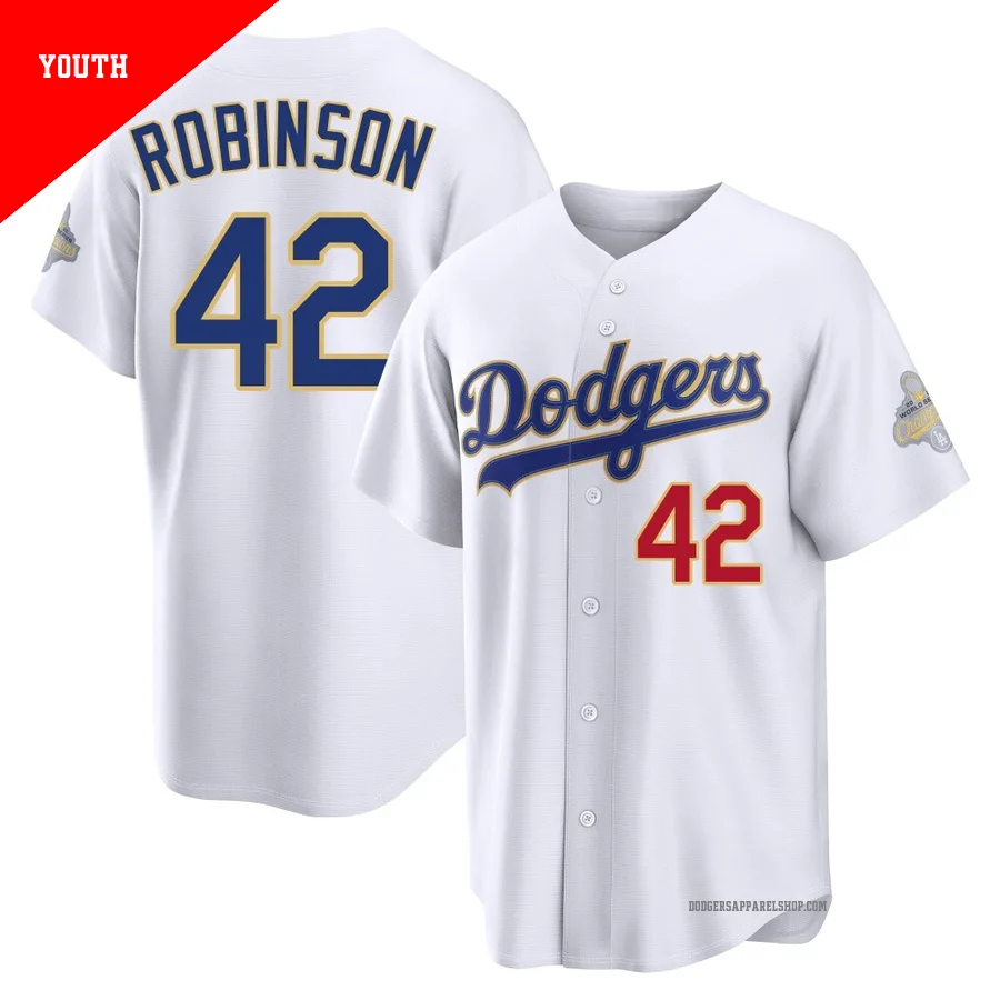 Youth Los Angeles Dodgers ＃42 Jackie Robinson Gold Limited White 2026 Collection Stadium Jersey