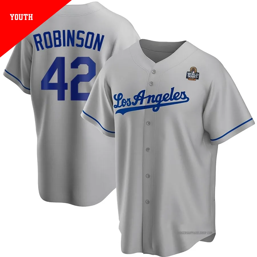 Youth Los Angeles Dodgers ＃42 Jackie Robinson Gray Replica Road 2024 World Series Jersey