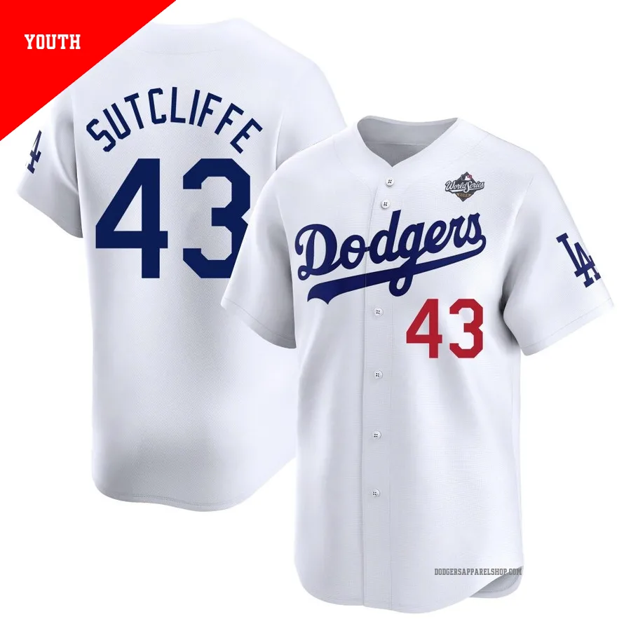 Youth Los Angeles Dodgers ＃43 Rick Sutcliffe White Limited Home 2025 World Series Jersey