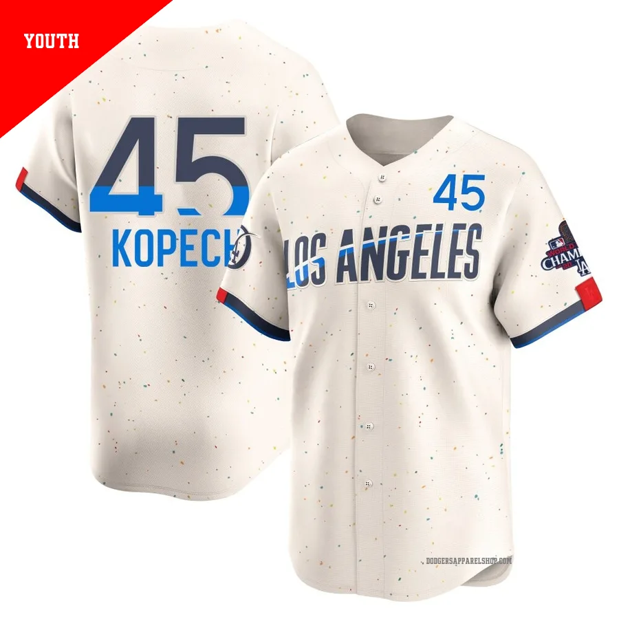 Youth Los Angeles Dodgers ＃45 Michael Kopech Cream Limited 2024 City Connect World Series Champions Jersey
