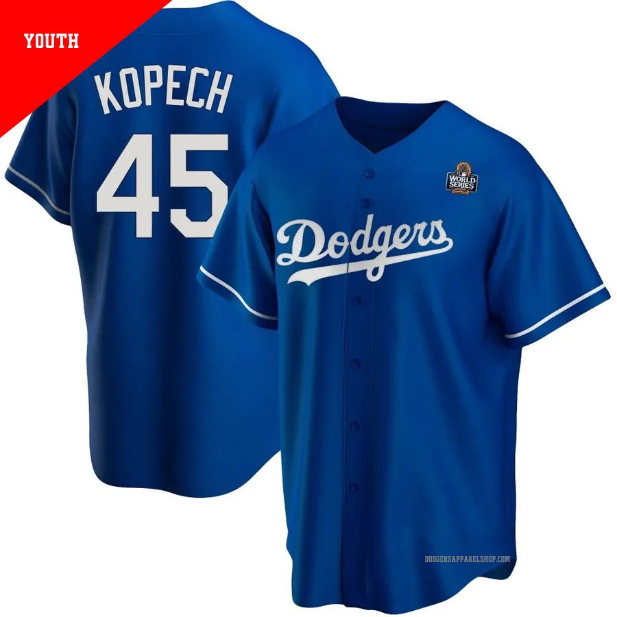 Youth Los Angeles Dodgers ＃45 Michael Kopech Royal Replica Alternate 2024 World Series Jersey