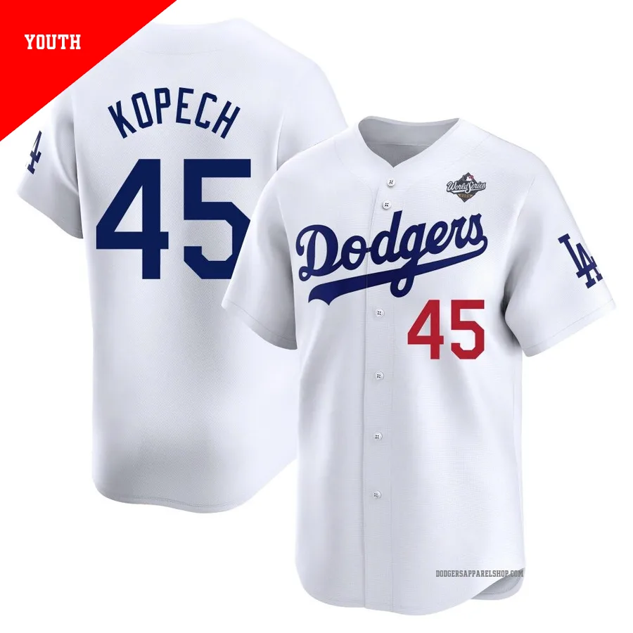 Youth Los Angeles Dodgers ＃45 Michael Kopech White Limited Home 2025 World Series Jersey