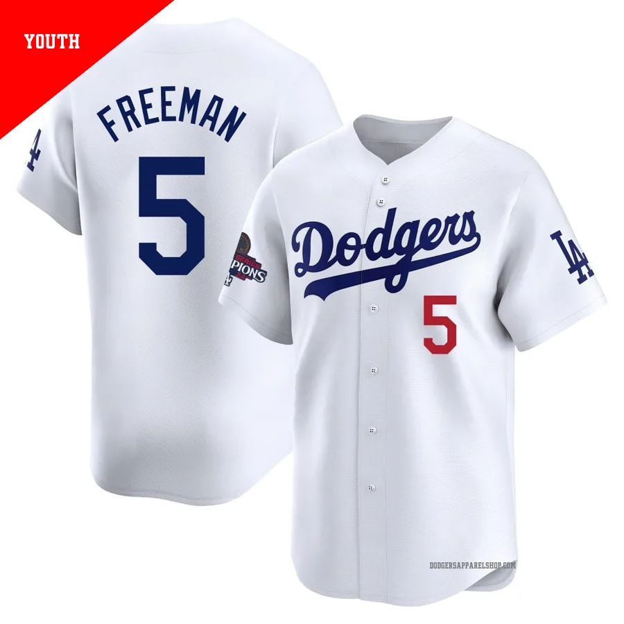 Youth Los Angeles Dodgers ＃5 Freddie Freeman White Limited Home 2024 World Series Champions Jersey