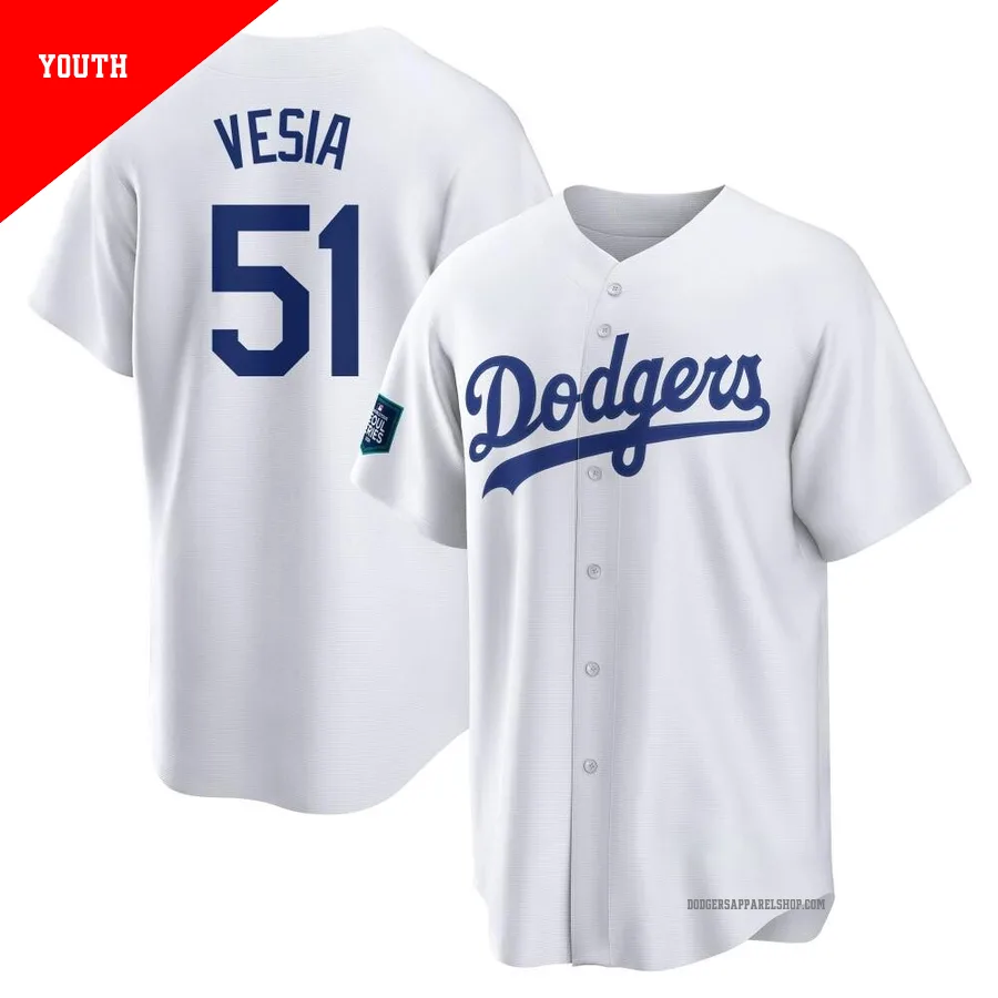 Youth Los Angeles Dodgers ＃51 Alex Vesia White Replica 2024 World Tour Seoul Series Home Jersey