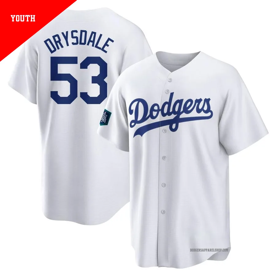 Youth Los Angeles Dodgers ＃53 Don Drysdale White Replica 2024 World Tour Seoul Series Home Jersey
