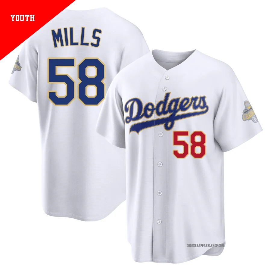 Youth Los Angeles Dodgers ＃58 Wyatt Mills Gold Limited White 2026 Collection Stadium Jersey