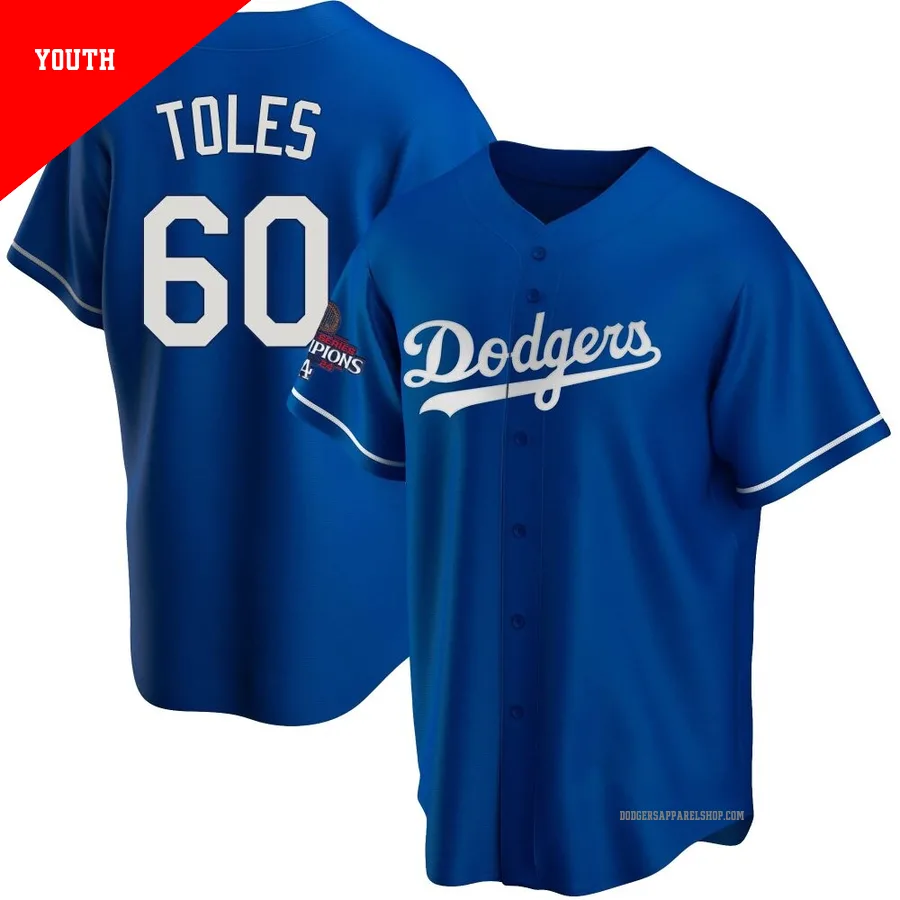 Youth Los Angeles Dodgers ＃60 Andrew Toles Royal Replica Alternate 2024 World Series Champions Jersey