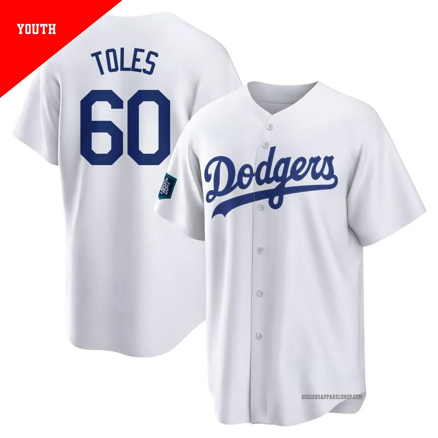 Youth Los Angeles Dodgers ＃60 Andrew Toles White Replica 2024 World Tour Seoul Series Home Jersey