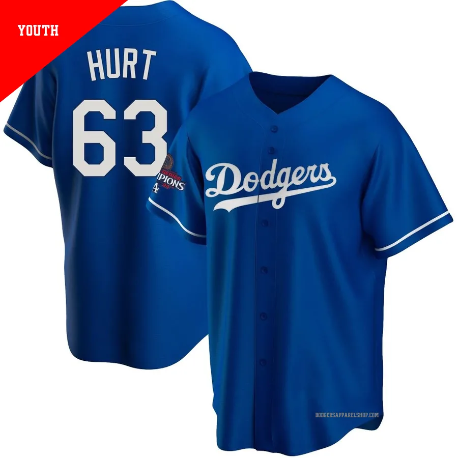 Youth Los Angeles Dodgers ＃63 Kyle Hurt Royal Replica Alternate 2024 World Series Champions Jersey