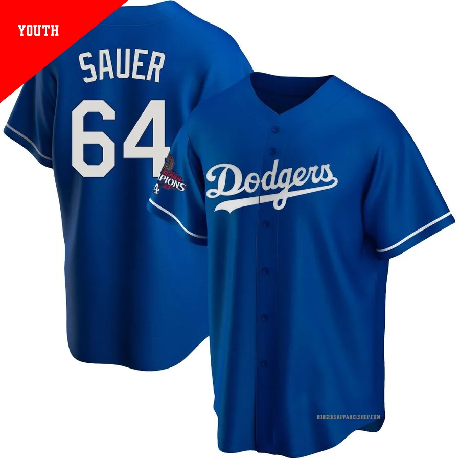 Youth Los Angeles Dodgers ＃64 Matt Sauer Royal Replica Alternate 2024 World Series Champions Jersey