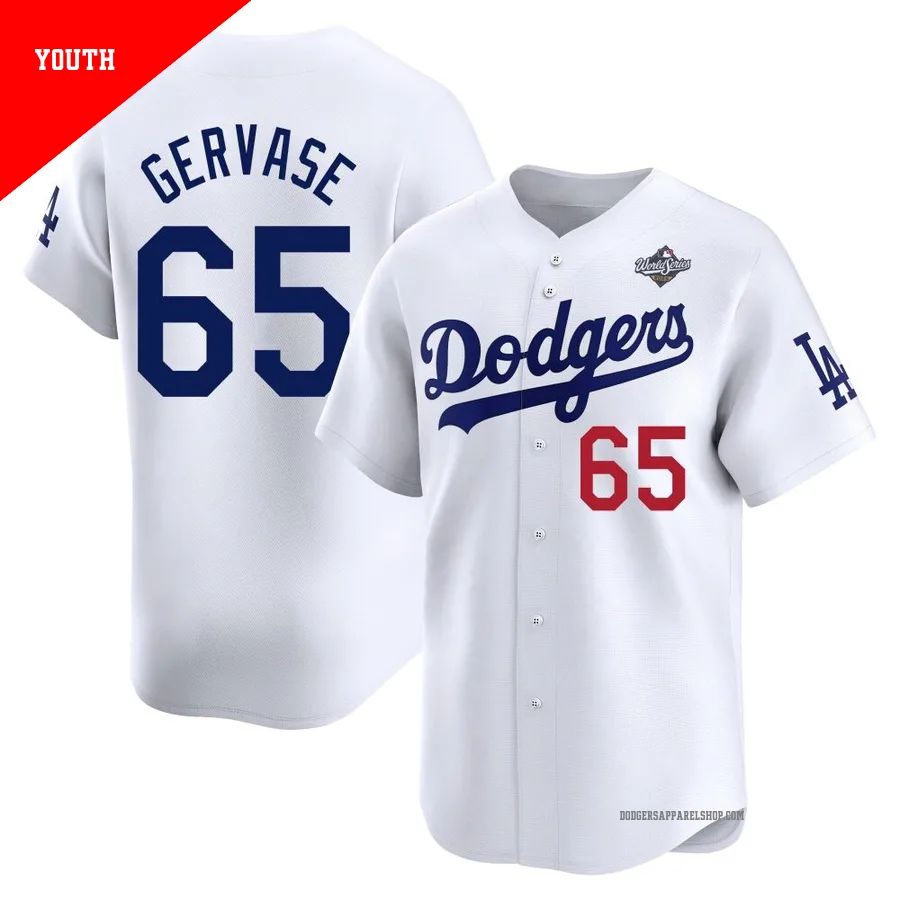 Youth Los Angeles Dodgers ＃65 Paul Gervase White Limited Home 2025 World Series Jersey