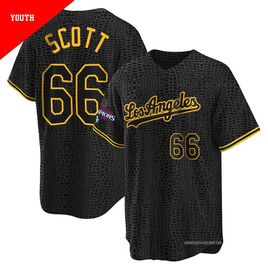 Youth Los Angeles Dodgers ＃66 Tanner Scott Black Replica Snake Skin City 2024 World Series Champions Jersey