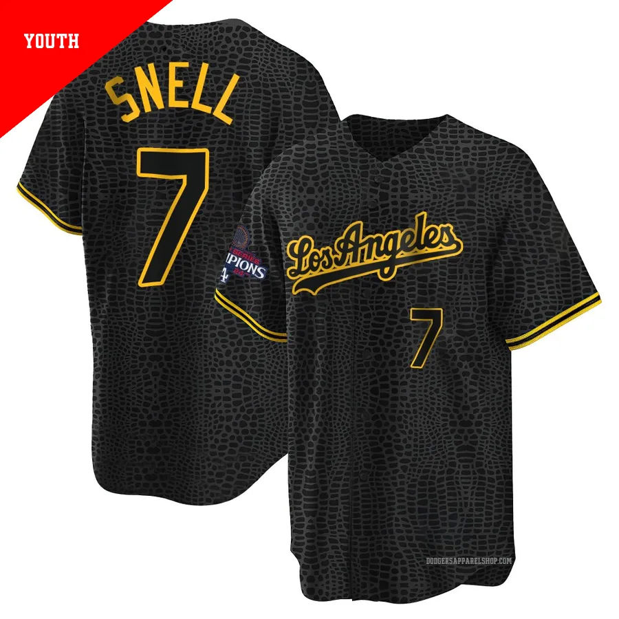 Youth Los Angeles Dodgers ＃7 Blake Snell Black Replica Snake Skin City 2024 World Series Champions Jersey