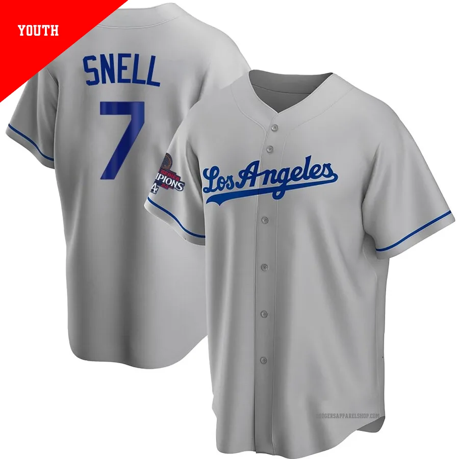 Youth Los Angeles Dodgers ＃7 Blake Snell Gray Replica Road 2024 World Series Champions Jersey