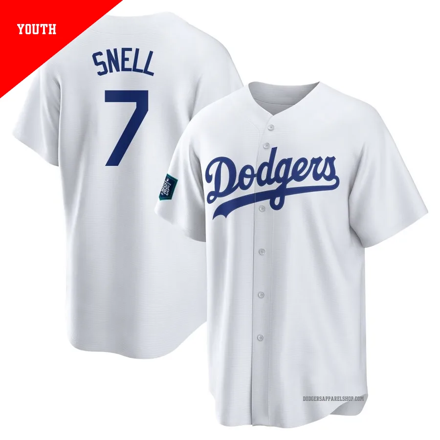 Youth Los Angeles Dodgers ＃7 Blake Snell White Replica 2024 World Tour Seoul Series Home Jersey