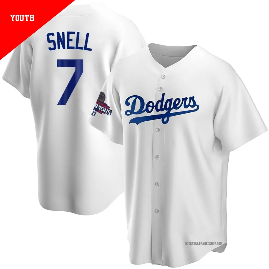 Youth Los Angeles Dodgers ＃7 Blake Snell White Replica Home 2024 World Series Champions Jersey
