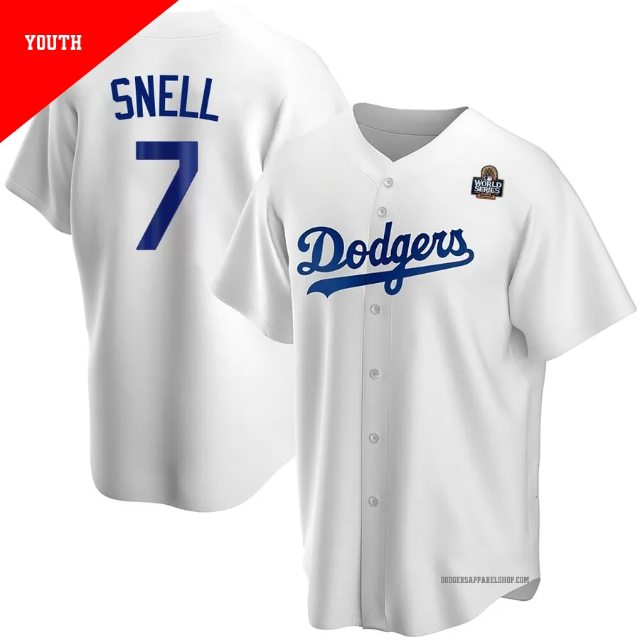 Youth Los Angeles Dodgers ＃7 Blake Snell White Replica Home 2024 World Series Jersey